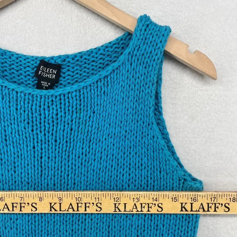 EILEEN FISHER Sweater L Cotton Vest Tank Chunky Rolled Neck Pullover Blue
